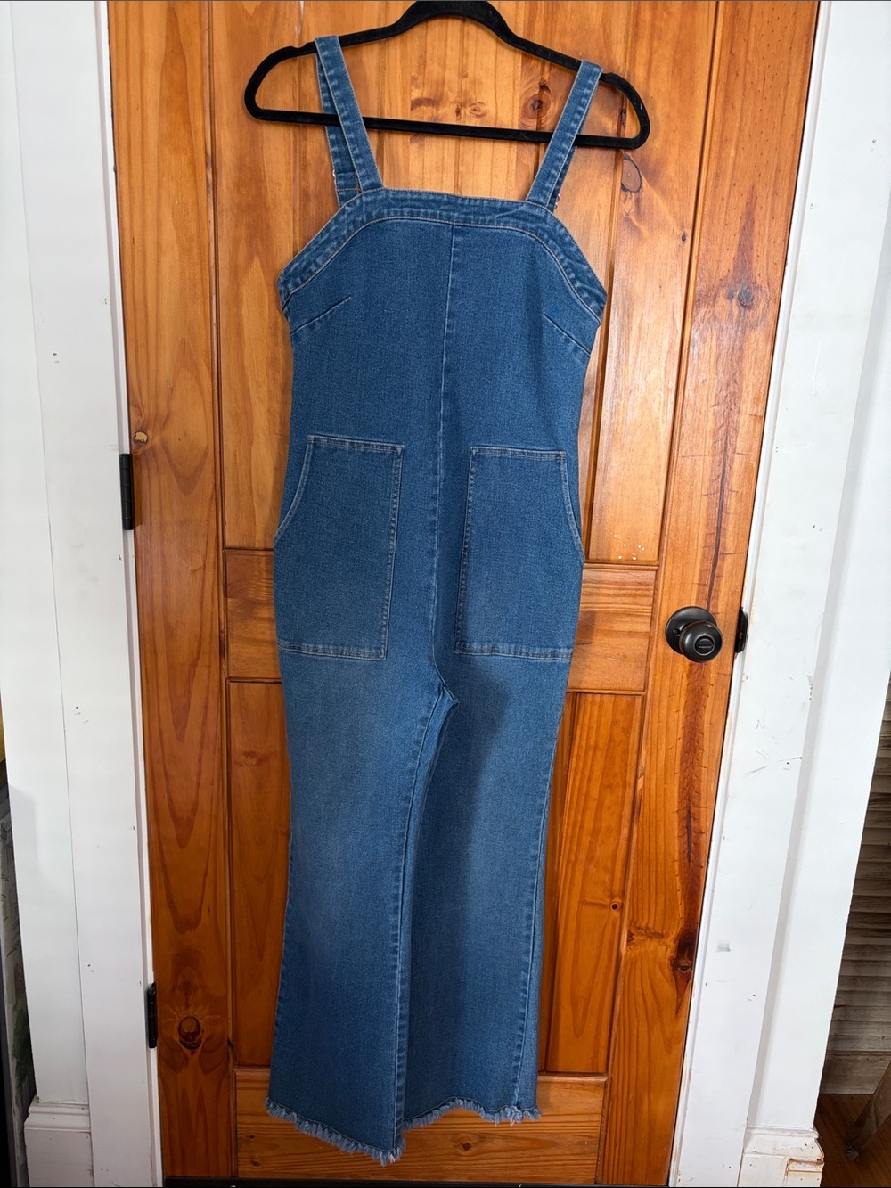 Sage the Label Anthropologie blue Denim Jumpsuit Small Utility fringe hem crop